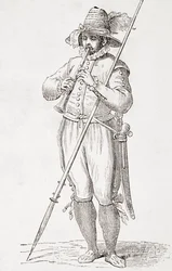 Italiensk bonde som spiller dulzaina, etter et verk fra 1500-tallet av Cesare Vecellio, fra 