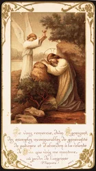 Jesus kneler i bønn i Getsemane hage, en engel presenterer ham en kalk. Tidlig på 1900-tallet (postkort)