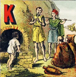 K: Kabylie. Kabylia er et land som ligger i Afrika. Det er bebodd av kabyler - gravering hentet fra geografisk alfabet. Guerin-Muller et Cie, forlag, Paris