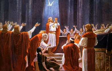 Kong Amfortas holder Saint Graal (fra Parsifal av Wagner), tidlig på 1900-tallet (postkort)