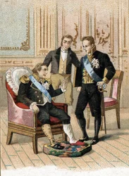 Frankrikes konge Ludvig XVIII (1755–1824) var svært syk og sa «kongen kan dø, han må ikke være syk» til Joseph de Villele i august 1824. 1800-tallet (kromolitografi)