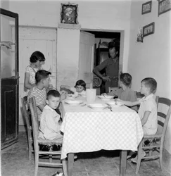 Stor familie gjenforent ved bordet i spisesalen på landstedet. 1960-tallet