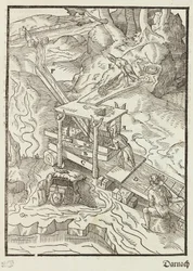 Vasking av gullmalm - Gravering fra beskrivelse av malmer og hovedmetoder for gruvedrift, av Lazarus Ecker