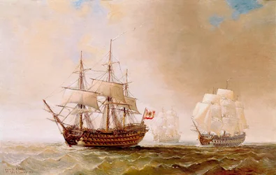 Det spanske skipet San Hermenegildo under slaget ved Trafalgar 21.10.1805: Det satte den fransk-spanske flåten under ordre fra admiral Villeneuve mot den britiske flåten kommandert av viseadmiral Nelson. Anonymt maleri fra 1800-tallet