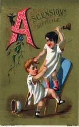 Bokstav A: Vanskelig oppstigning. Gravering i "Alphabet des grotesques"". Serie med 25 reklamekromolitografier på en dore bakgrunn, sent på 1800-tallet. Mål: 11x7 cm