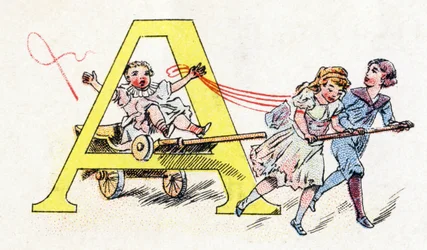 Bokstav A: Hitch Fun. Alfabetet til Phosphatine Falieres. Gravering. Brevete-alfabetet S.G.D.G. av farmasøyt Pierre Emile Falieres. Illustrasjoner i kromolitografi, slutten av 1800-tallet. 16 sider. Mål: 103x154mm