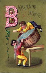 Bokstav B: Impreviewed bading. Gravering i "Alphabet des grotesques"". Serie med 25 reklamekromolitografier på en dore bakgrunn, sent på 1800-tallet. Mål: 11x7 cm