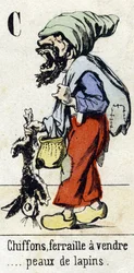 Bokstav C "Rags, skrapmetall til salgs... kaninskinn." Alfabetet "Barnas moro". Bildebehandling av Epinal, ca 1890. Populær serie. Lite hefte på 8 sider. Sjablongerte tregraveringer med temaet små gatemetier og Paris rop