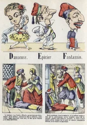 Bokstav D, E og F: danser, kjøpmann og infanteri. Alfabetet til den østlige fortellingen. Bildebehandling av Epinal, ca 1890. Populær serie. Lite hefte på 8 sider. Mål: 205x150mm. Sjablongerte tregraveringer over temaet metiers