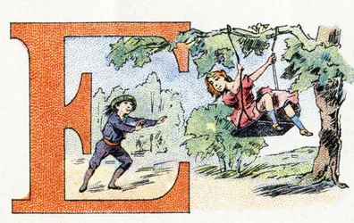 Bokstav E: Scarpolette. Alfabetet til Phosphatine Falieres. Gravering. Brevete-alfabetet S.G.D.G. av farmasøyt Pierre Emile Falieres. Illustrasjoner i kromolitografi, slutten av 1800-tallet. 16 sider. Mål: 103x154mm