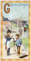 Bokstaven G: isbre, gendarme, gazometer, barn, stasjon, kriger, vinge, gitar. Gravering av alfabetet redigert av Chocolat Suchard, begynnelsen av det 20. århundre. 24 kromolitografier som representerer steder, karakterer og objekter som skal oppdages i bil
