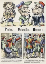 Bokstavene P, Q og R: Maler, maskinvare og gjenoppretting. Alfabetet til den østlige fortellingen. Bildebehandling av Epinal, ca 1890. Populær serie. Lite hefte på 8 sider. Mål: 205x150mm. Sjablongerte tregraveringer over temaet metiers