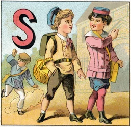 Bokstav S som skoleavslutning. Gravering i "Alphabet des petits ecoliers". Avbildning av Epinal, ca. 1885. Privee Collection