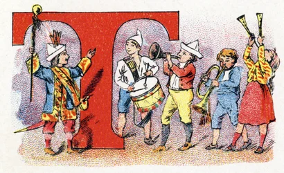 Bokstav T: Trompetrompetromme. Alfabetet til Phosphatine Falieres. Gravering. Brevete-alfabetet S.G.D.G. av farmasøyt Pierre Emile Falieres. Illustrasjoner i kromolitografi, slutten av 1800-tallet. 16 sider. Mål: 103x154mm