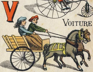 Bokstaven V for bil. Gravering i "ABC Toys". Epinal avbildning i kromolitografi, ca 1890. Lite hefte på 8 sider. Mål: 195x135mm, beregnet for å motta en annonse i 4. omslag. Brukes hjemme, det tilbyr en berømt abecedary og en liten lese meg