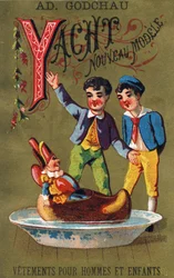 Bokstav Y: Yacht ny modell. Gravering i "Alphabet des grotesques"". Serie med 25 reklamekromolitografier på en dore bakgrunn, sent på 1800-tallet. Mål: 11x7 cm