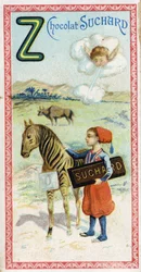 Bokstaven Z: zefir, zouave, zebu, sebra, null. Gravering av alfabetet redigert av Chocolat Suchard, begynnelsen av det 20. århundre. 24 kromolitografier som representerer steder, karakterer og objekter som skal oppdages i bildet. Mål: 105x55mm