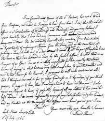 Brev skrevet av David Hume til Richard Davenport som viser til de store vanskelighetene i forholdet hans til Jean-Jacques Rousseau, Rousseaus nektelse av å godta pensjon og krangelene hans med Hume, 8. juli