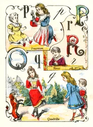 Bokstavene P Q og R som frykt, latter og kvadrille. Gravering i "Fun Alphabet". Avbildning av Pont-a-Mousson. Trykking og publisering av Louis Vagne, slutten av 1800-tallet