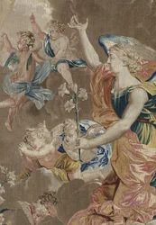 Jomfruens liv: "Bebudelsen"" - Detaljteppe av ull og silke laget i verkstedet til Pierre Damour etter tegningene til Charles Poerson (1609-1667)