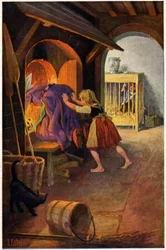 Litteratur. Eventyr. Hans og Gretel og heksen. Illustrasjon av Otto Kubel for historien om brødrene Grimm. Postkort, Tyskland, ca. 1900 (postkort)