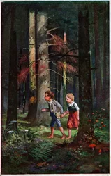 Litteratur. Eventyr. Hans og Grete har gått seg vill i skogen. Illustrasjon av Otto Kubel til eventyret av brødrene Grimm. Postkort, Tyskland, ca. 1900.