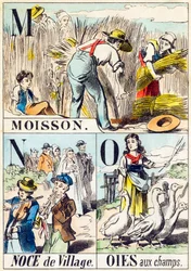 M N O : Moisson, Noce de village, Oies aux champs - "Alphabet of the farm" slutten av 1800-tallet (gravering)