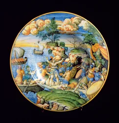 Maiolica-plate som viser bortføringen av Helena av Troja, italiensk