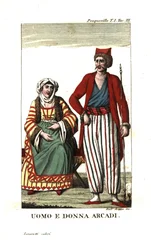 Mann og kvinne fra Arkadia, Peloponnes, Hellas. Illustrasjon fra Francois Pouquevilleõs reiser gjennom More, Albania og flere andre deler av Det osmanske riket.