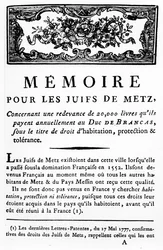 Manifest til støtte for jødene i Metz som støtter fjerning av skatten som skal betales av jøder til hertugen av Brancas, ca. 1790 (trykt papir)