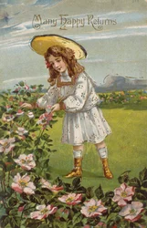 "Many Happy Returns", viktoriansk bursdagskort (chromolitho)