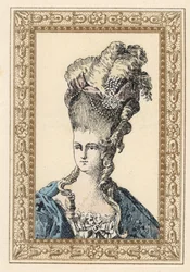 Marie Antoinette, kone til kong Ludvig XVI av Frankrike, i forseggjort frisyre kronet med bånd og perler