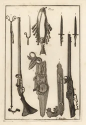 Matchlock-muskett, lås og bajonett fra Tower of London 1-3, bajonett 4, muskettstøtte og bajonett 5, muskettstøtte 6, bandilere og pudderkolbe 7, hjullås 8,9 og skiftenøkkel 10