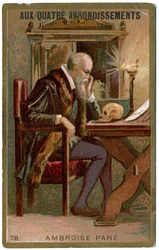 Medisin. Den franske kirurgen Ambroise Pare. Bilder fra det parisiske varehuset: Aux Quatre Arrondissements, Frankrike, ca. 1900