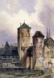 Middelalderby ved Rhinen, ca. 1850–1900 (akvarell)