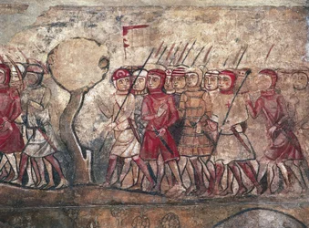 Militærforsamling ledet av kong Jakob I av Aragon, kjent som erobreren, freske fra Palau Reial Major, Barcelona