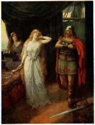 Musikk. Opera. Tristan og Isolde. Illustrasjon av Ferdinand Leeke for operaen: Tristan und Isolde, av Richard Wagner (1865), Tyskland, ca. 1910 (postkort)
