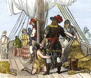 Amerikas innfødte befolkning: Indianere. Pocahontas tatt til fange om bord på et skip fra Jamestown. Fargegravering fra 1800-tallet.