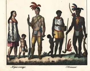 Innfødt i Canada: en indianerfamilie fra Lake Nipissing og en indianerfamilie fra Ottawa-området. Litografi for boken: «Galerie complete en tableaux fideles des peuples d#39;Amérique et d#39;Australie» av Friedrich Wilhelm Goedsche (1785–1863), Mei