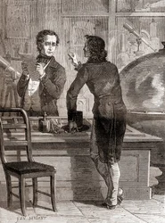 Nicéphore Niépce, mens fortsatt ukjent og fattig, i Charles Chevaliers optikk- og instrumentbutikk, fra Les Merveilles de la Science, publisert ca. 1870 (gravering)
