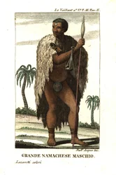 Edel Namaqua-mann fra Sør-Afrika. Han har på seg en pelskappe og en lappeteppe, og holder et spyd. Fra Francois Le Vaillant (Levaillant
