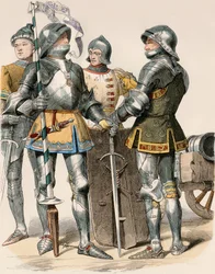 Edle riddere av Duche de Bougogne (Frankrike), i rustning og våpen, med en kanon