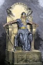 Nordisk mytologi: fremstilling av guddommen Wotan (Odin). Fargegravering fra 1800-tallet.