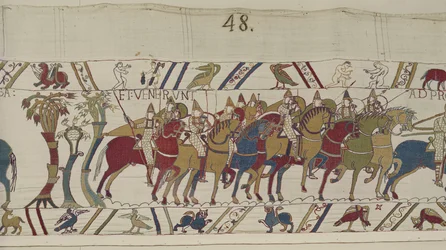 Normanniske soldater forlater Hastings for å kjempe med Harold, Bayeux Tapestry (ullbroderi på lin)