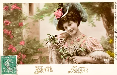 Gammelt postkort/Godt år/Wish/Woman Belle Epoque