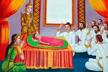Maleri som skildrer livshistorien til Shakyamuni Buddha. Buddha som barn. Kep. Kambodsja. (bilde)