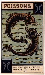 Paranormalt. Astrologi. Fiskene (fisken). Astrologisk kort fra: Le Tarot Astrologique (Astrologisk Tarot), av Georges Muchery, Frankrike