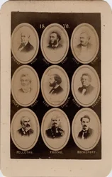 Paris Commune (1871): portrett av franske politikere fra sosialistpartiet: fra venstre til høyre og fra topp til bunn: Etienne Arago, Jules Ferry, Jules Simon, Jules Favre, Leon Gambetta, hector Cremieux, Pelletan, Trochu og Rochefort. Skriv ut på papp