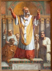 Sognekirke (Parochiale kerk Sint-Dionysius van Lede). Interiør. Sørgang. Alteret. Maleri. Saint Denis. Signert og datert 1854 ThEodore-Joseph Canneel.