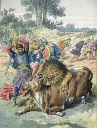 Pepin the Brief kjemper mot en løve og en okse på Champ de Mars for å bevise sitt mot (751)